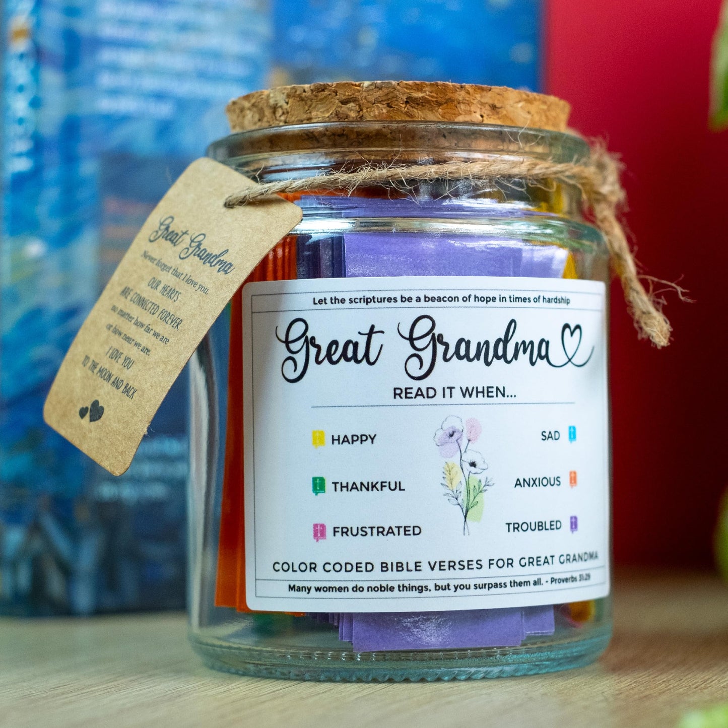 Mothers Day Gift for Great Grandma, Great Grandma Bible Verse Jar, Birthday, Christmas Idea From Grandkids, Decorative Glass Inspirational Scripture Jar with 96 Bible Verses