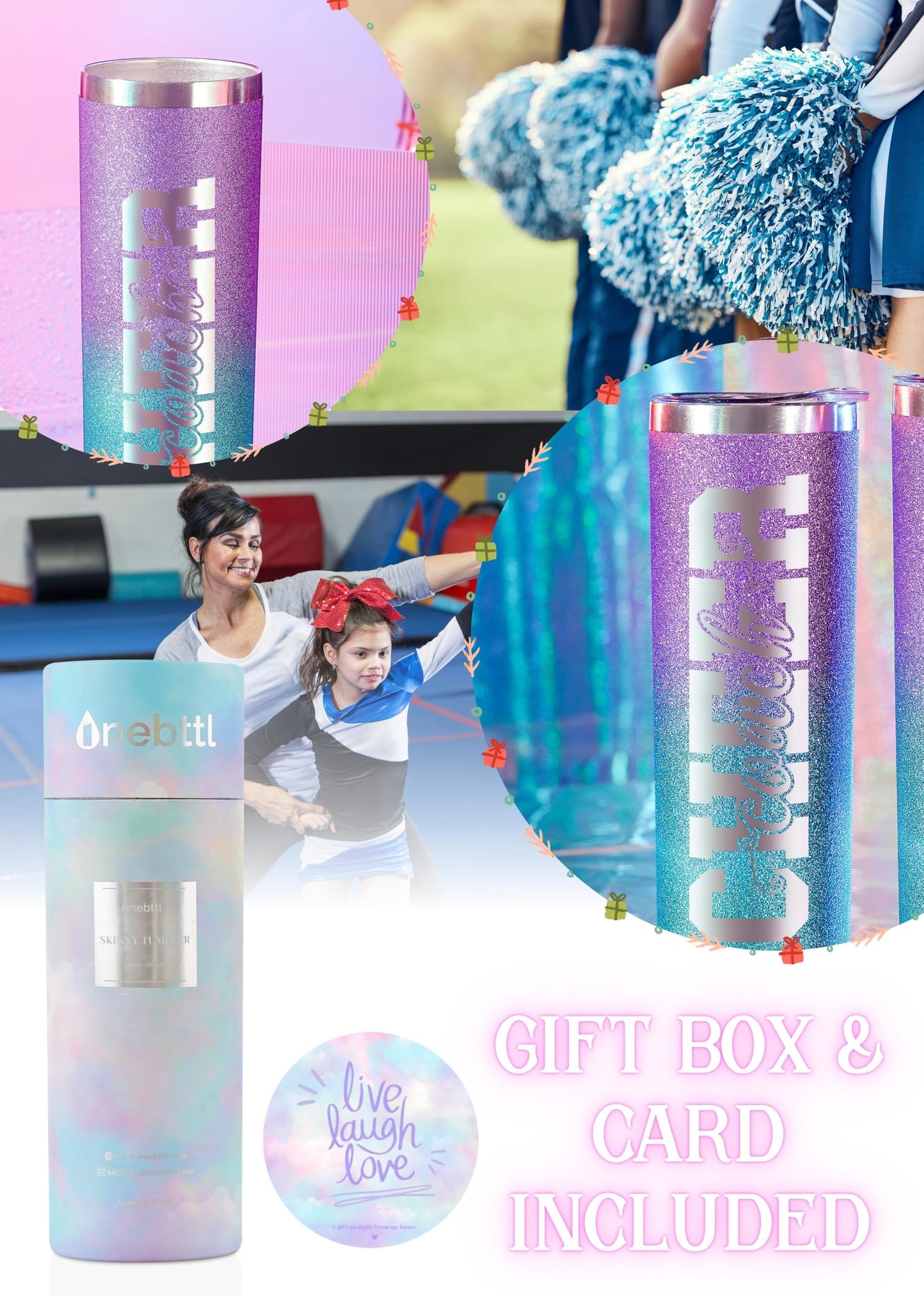 Onebttl Cheer Coach Gifts - 20oz/590ml Stainless Steel Skinny Insulated Tumbler With Straw, Lid - Gift for Cheerleading or Cheerleader Coach, Women, Her, Female