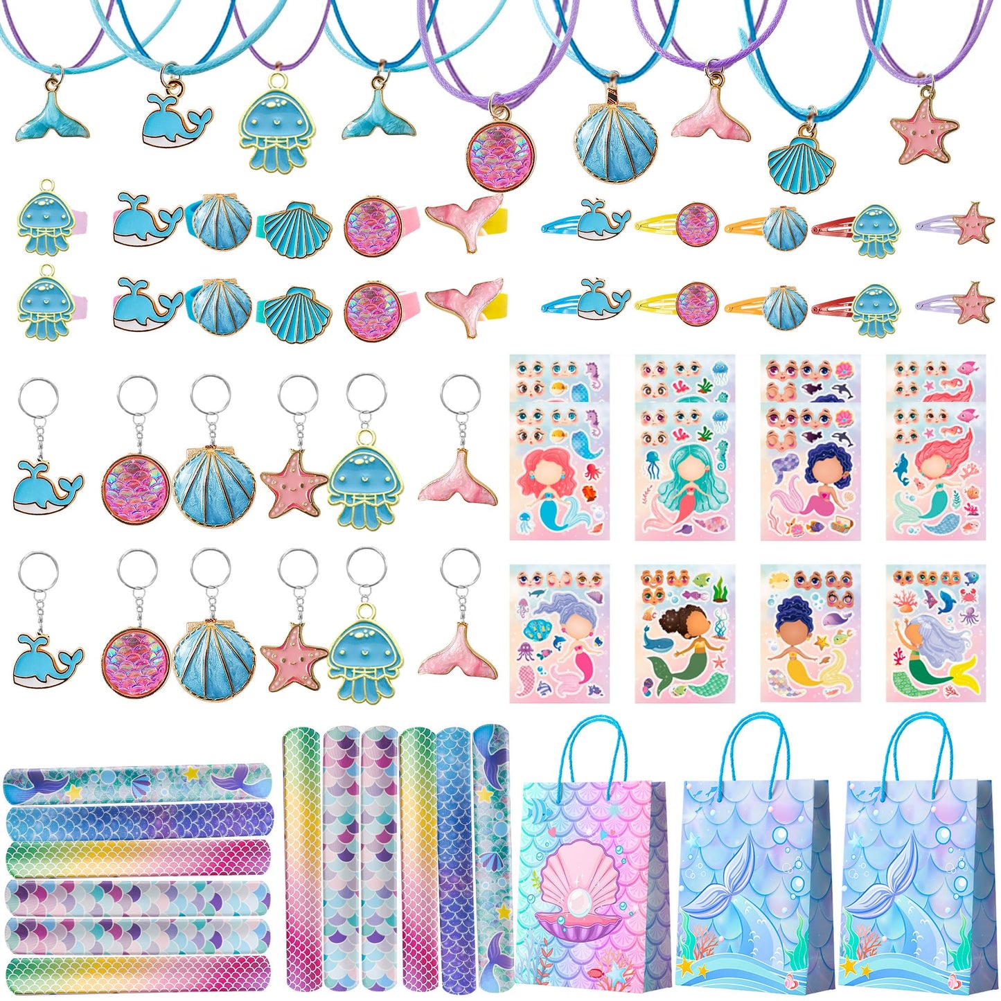 84pcs Mermaid Birthday Party Favor Bag Fillers with Fish Birthday Rings Keychain Bracelets Bags Hair Clips Necklace etc for Mermaid Birthday Decorations Supplies