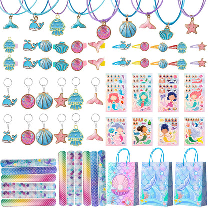 84pcs Mermaid Birthday Party Favor Bag Fillers with Fish Birthday Rings Keychain Bracelets Bags Hair Clips Necklace etc for Mermaid Birthday Decorations Supplies