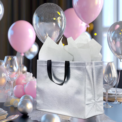 KeerxunBag 12Pcs Reusable Gift Bags（Includes Tissue Paper） Gift bag with handle Birthdays Parties Holidays Weddings Medium 13x5x11in Silver Gift Bags