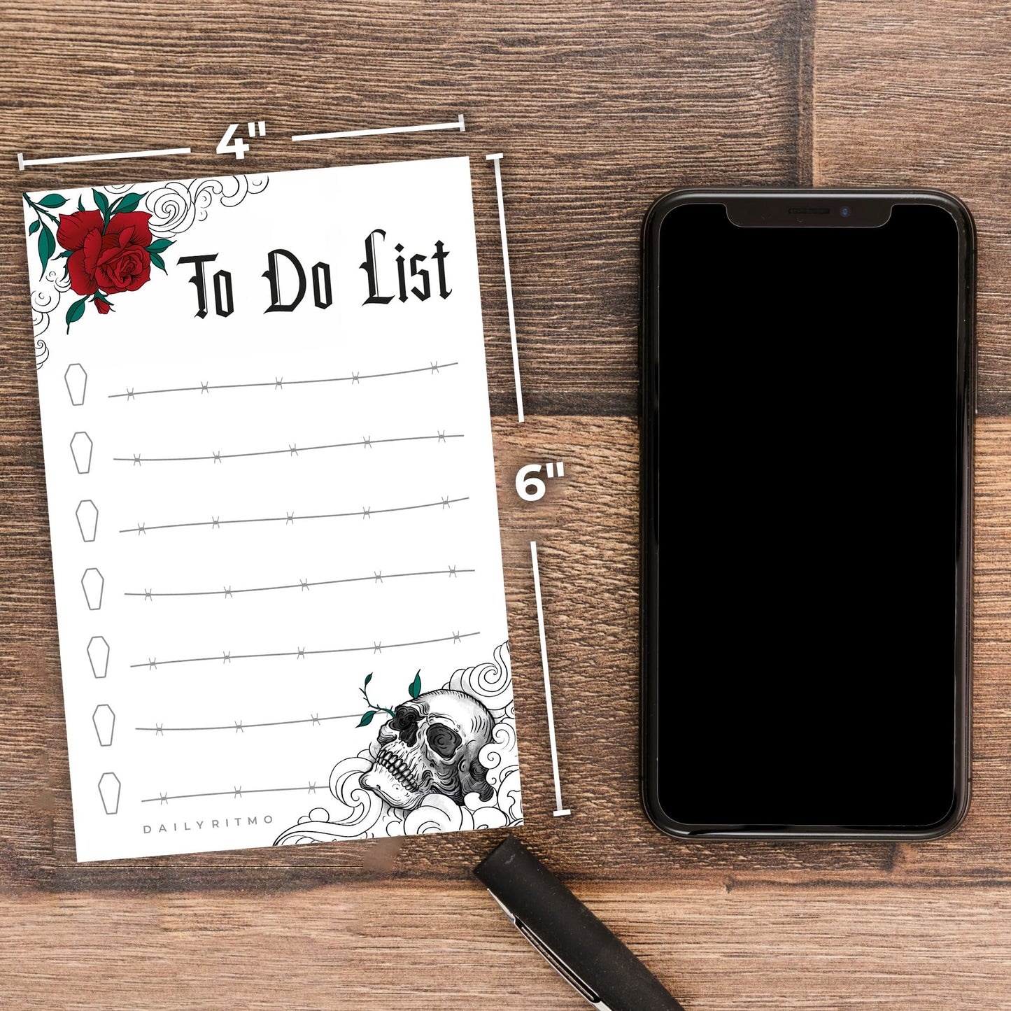 Gothic Skull Sticky to Do List Notepad | Witchy Gifts for Women | Goth Notes | Creepy Spooky Goth Emo Stuff | 50 Pages 4x6 by Daily Ritmo