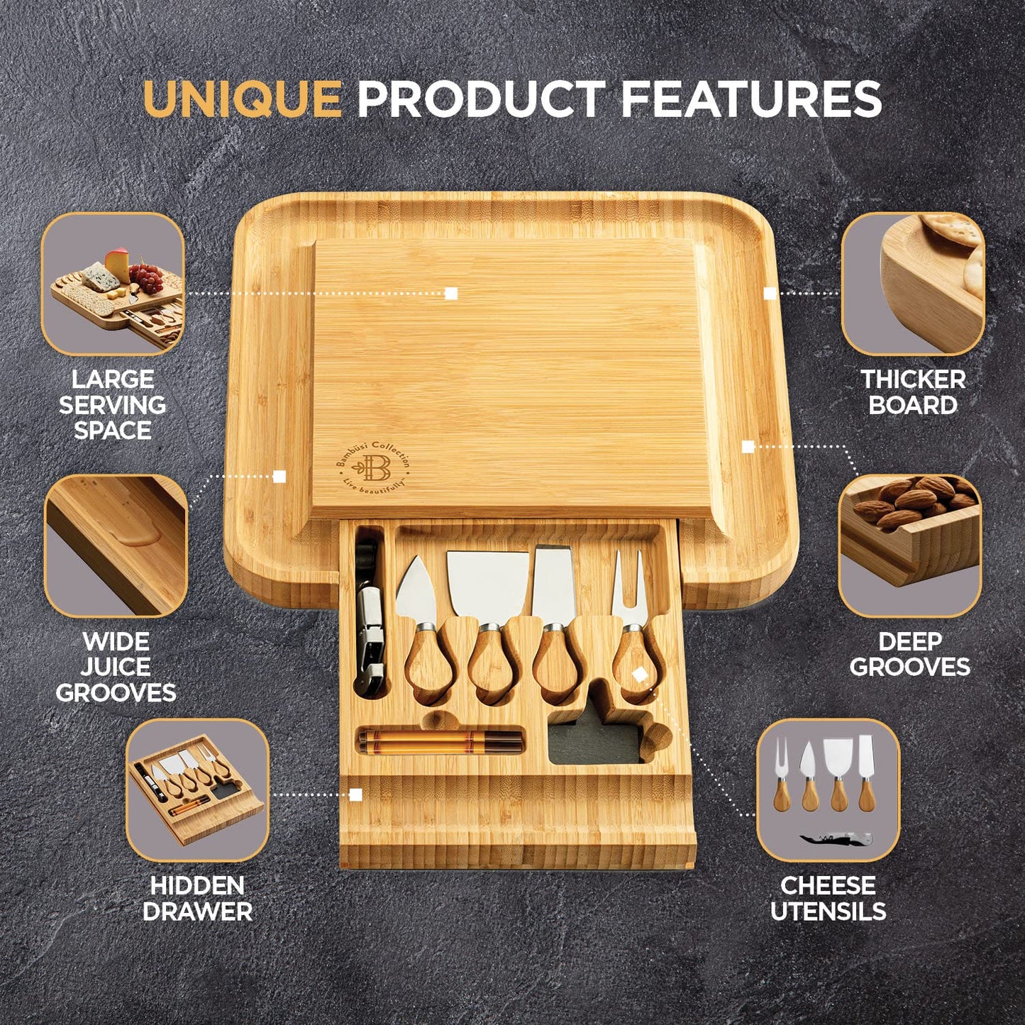 Charcuterie Boards Gift Set - Bamboo Cheese Board Set with Serving Knives, Meat Cheese Platter for Hosting Party Entertaining - Gifts for Women, Mom Dad, Wedding, Birthday, House Warming Gift New Home