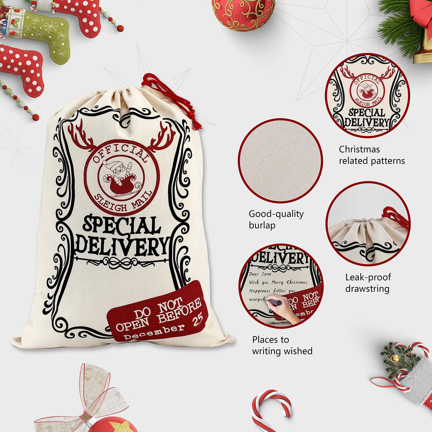 LessMo Christmas Santa Sack, Large Christmas Canvas Gift Bag with Drawstring, Reusable Personalized Best Gift, for Xmas Package Storage, Christmas Party Supplies Favors