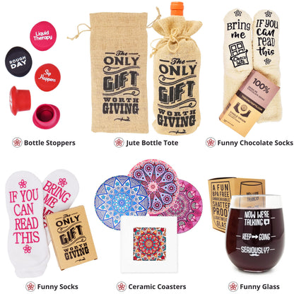 Wine Gift Basket - This Wine Gift Box Contains 13 Wine Gifts For Women - A Wine Basket with Funny Socks, Wine Stoppers, Wine Tote, Coasters and a Funny Wine Glass.