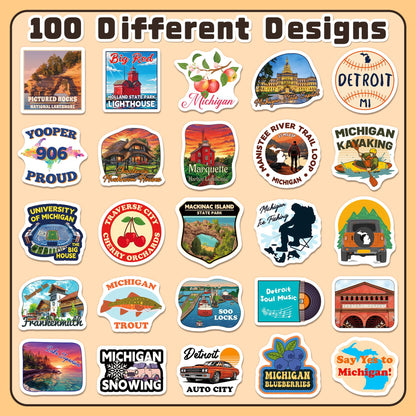 200 PCS Michigan Stickers, Michigan Travel Sticker Pack with 100 Designs, Waterproof Vinyl Vacation Decals for Laptop Water Bottle Travel Journal Party Favors