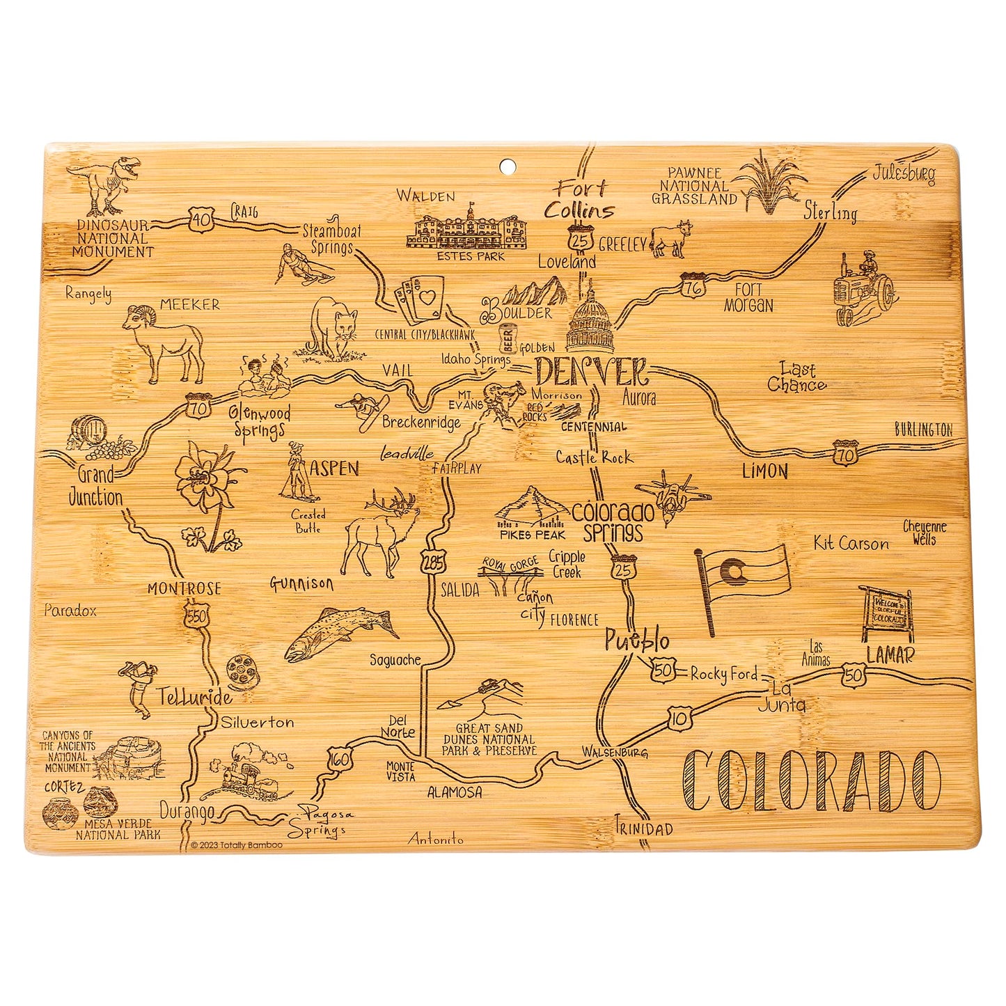 Totally Bamboo Destination Colorado Shaped Cutting Board – Bamboo Charcuterie and Serving Board with Hang Tie for Wall Display