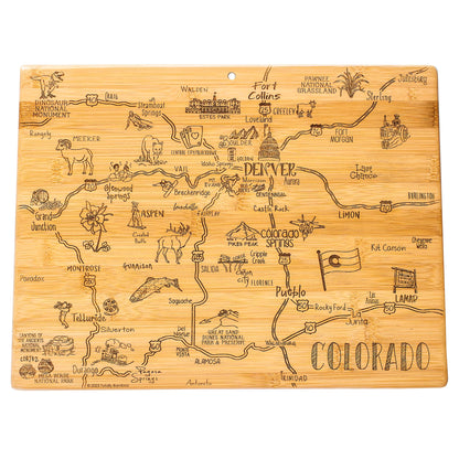 Totally Bamboo Destination Colorado Shaped Cutting Board – Bamboo Charcuterie and Serving Board with Hang Tie for Wall Display