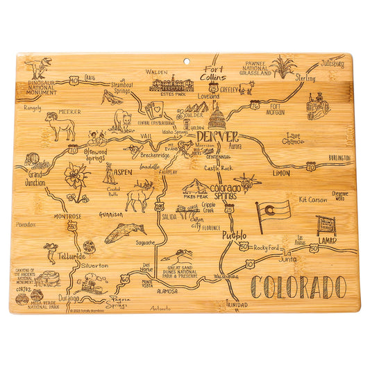 Totally Bamboo Destination Colorado Shaped Cutting Board – Bamboo Charcuterie and Serving Board with Hang Tie for Wall Display