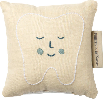 Primitives by Kathy Dear Tooth Fairy Stop Here Mini Tooth Pillow, 5x5-Inch, Cotton Blend, Blue Embroidered Keepsake with Storage Pocket and Tooth Design on Front