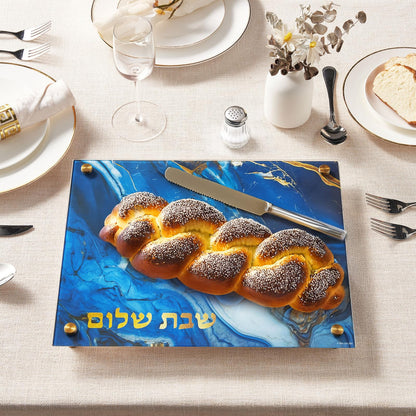 Rite Lite Glass Challah Board Blue Marble Design Shabbat Cutting Board Jewish Home Decor Challah Slicing Board Judaica Gift for Holiday & Sabbath Celebrations 15"L