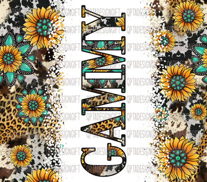 Gammy Sunflower Turquoise Gemstone And Leopard - Gammy Skinny Tumbler Cowhide Distressed Tumbler - Western Tumbler 20Oz Skinny Tumbler - Gammy Gift