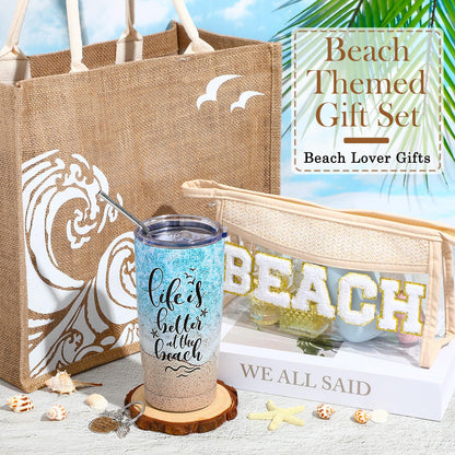 6 Pcs Beach Gifts for Women Set Beach Theme Gift Set Burlap Tote Bags Cosmetic Bag 20 oz Tumbler Keychain for Birthday Holiday Travel Wedding Bridal Shower Bride Bridesmaid Honeymoon(Classic)