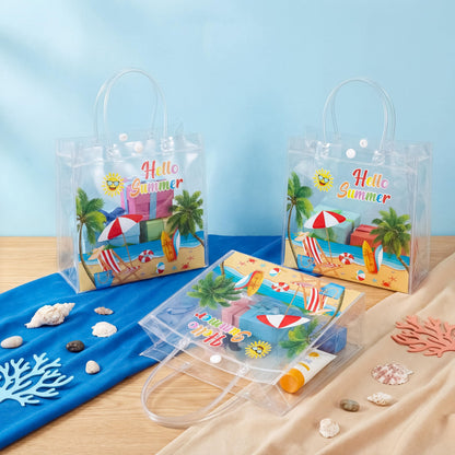 Renbuzhu 25PCS Summer Gift Bags Bulk 8 x 8 x 3Inches: Clear PVC Transparent Bag Waterproof Tote with Handles Beach Pool Birthday Tropical Party Supplies
