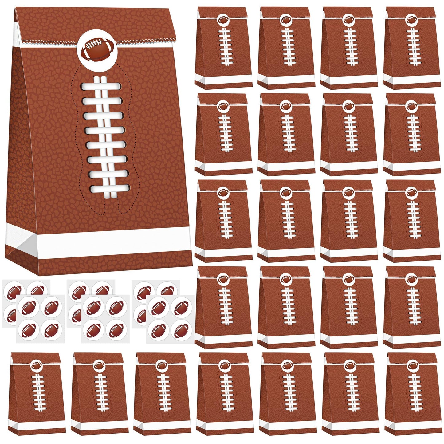 MIMIND 24 Pack Football Party Gift Bags 9.4 x 5.1 x 3.1 Inch Football Goodie Bags with Stickers Paper Treat Bag for Sports Bowl Theme Party Favors