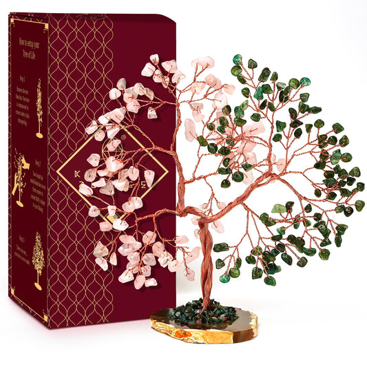 Handmade Healing Crystal Tree of Life Green Aventurine & Rose Quartz Chakra Tree for Money, Good Luck, Feng Shui Home Decor, Living Room Office Deocration, Unique Birthday Gifts for Women, Men, Mom