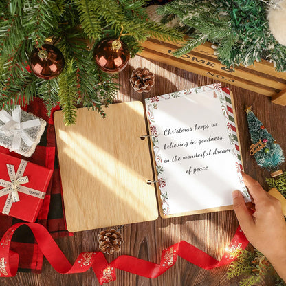 Wooden Christmas Card Keeper Binder Merry Christmas Greeting Card Holder with Rings Xmas Holiday Post Cards Organizer Wood Memories Book for Storage Keepsake Album Photo Notes Gift Winter Past Notes