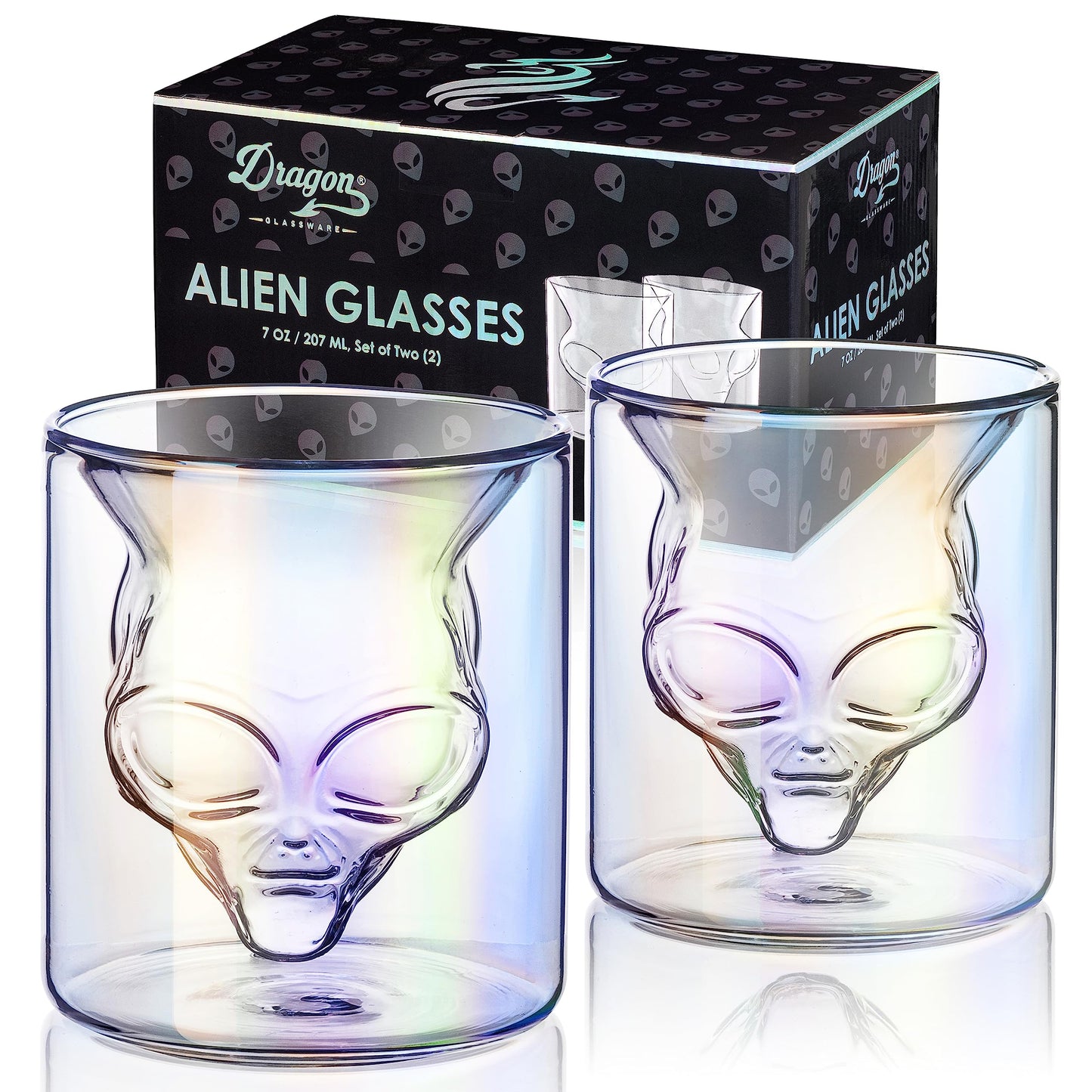 Dragon Glassware Alien Drinking Glasses - 7 oz Set of 2 Unique Double Wall Grey Alien Inspired Design from Area 51 - Novelty Gift for Outer Space Enthusiasts - Fun and Stylish Tumblers