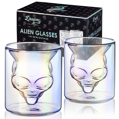 Dragon Glassware Alien Drinking Glasses - 7 oz Set of 2 Unique Double Wall Grey Alien Inspired Design from Area 51 - Novelty Gift for Outer Space Enthusiasts - Fun and Stylish Tumblers