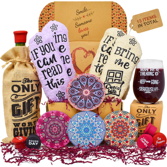Wine Gift Basket - This Wine Gift Box Contains 13 Wine Gifts For Women - A Wine Basket with Funny Socks, Wine Stoppers, Wine Tote, Coasters and a Funny Wine Glass.