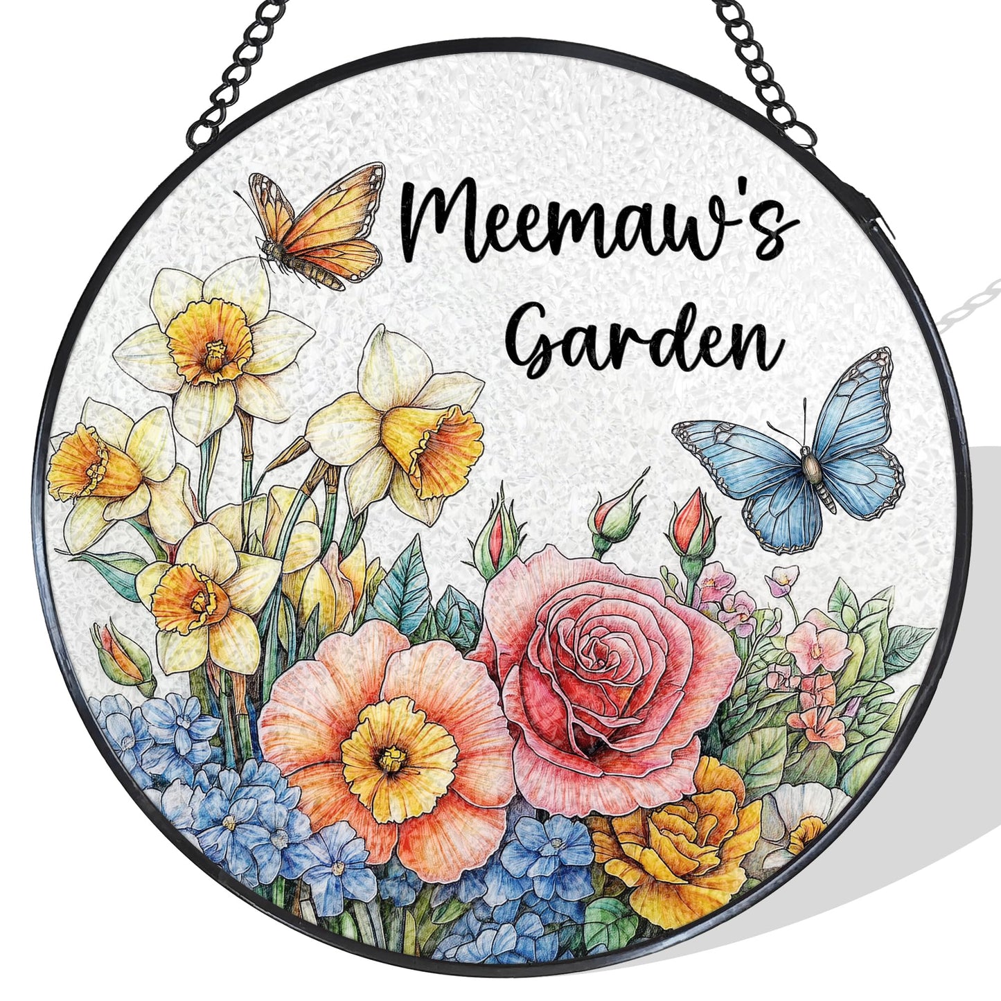 Meemaw's Garden Gifts Stained Glass Suncatcher for Grandma from Grandkids, Meemaw Grandma Gifts Window Hanging Wall Art Decoration for Mothers Day Christmas Birthday, 7.8 x 7.8 in