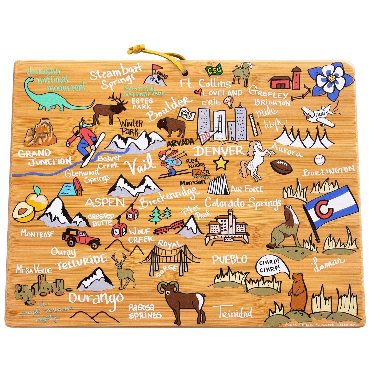 Totally Bamboo Colorado State Shaped Cutting Board and Charcuterie Serving Platter with Artwork by Fish Kiss, Includes Hang Tie for Wall Display