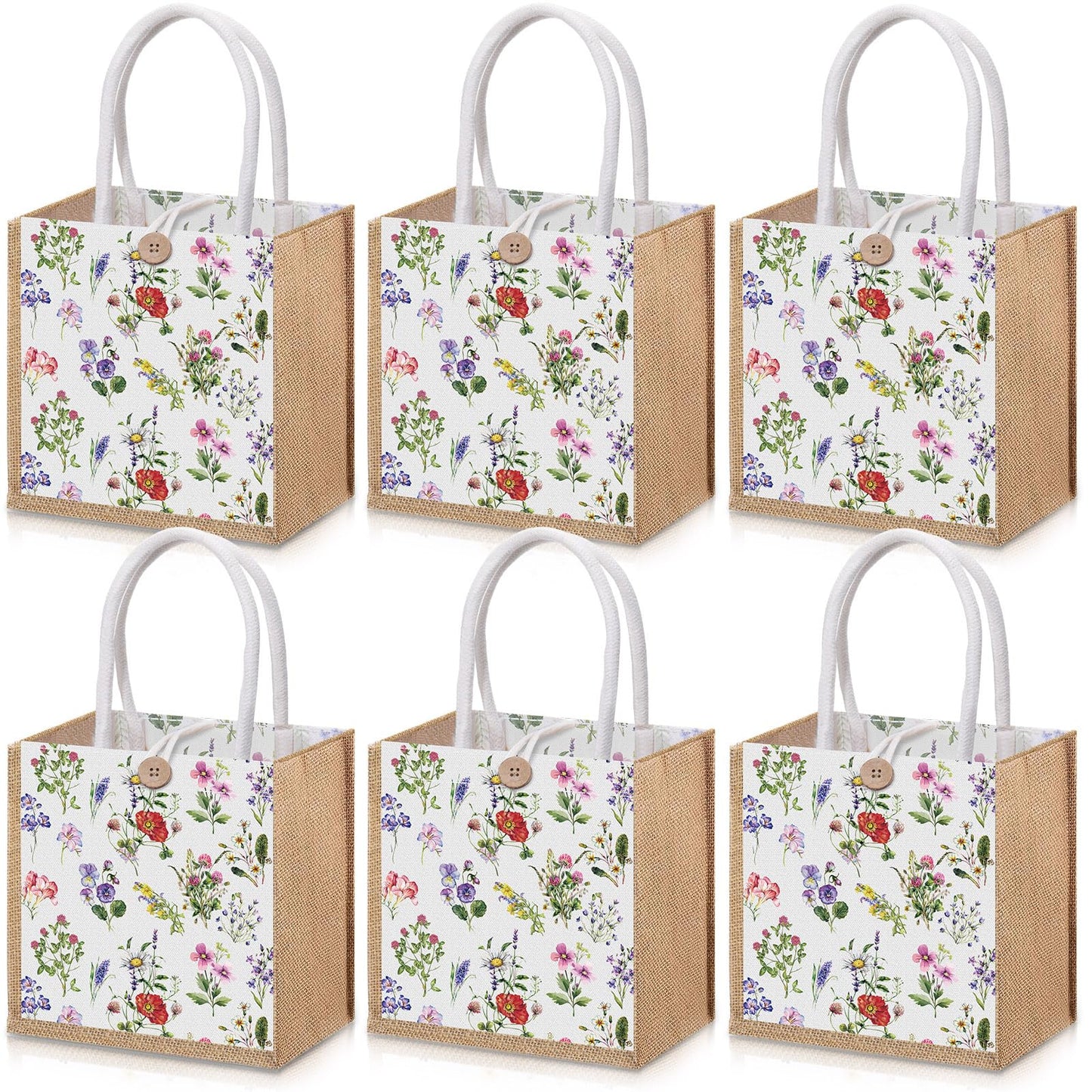 Gilprop 6 Pack Spring Wildflowers Burlap Gift Bags with Handle Button Reusable Jute Tote Bags Flowers Double Sided Tote for Party Wedding Bridesmaid Travel Home Decor 7.9 x 7.9 Inch(Classic)