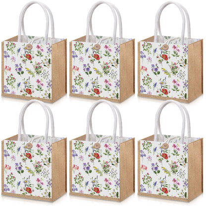Gilprop 6 Pack Spring Wildflowers Burlap Gift Bags with Handle Button Reusable Jute Tote Bags Flowers Double Sided Tote for Party Wedding Bridesmaid Travel Home Decor 7.9 x 7.9 Inch(Classic)