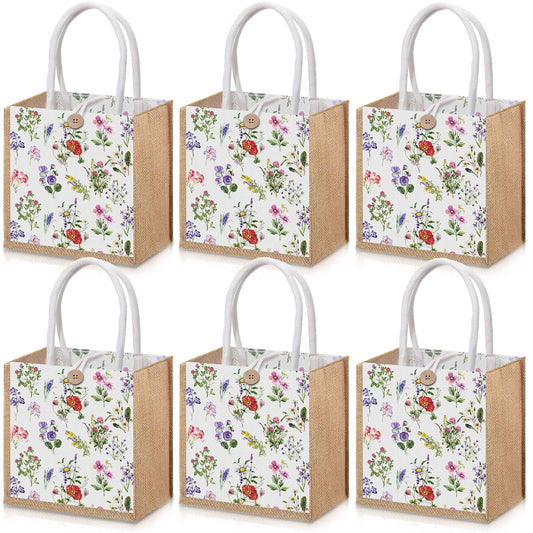 Gilprop 6 Pack Spring Wildflowers Burlap Gift Bags with Handle Button Reusable Jute Tote Bags Flowers Double Sided Tote for Party Wedding Bridesmaid Travel Home Decor 7.9 x 7.9 Inch(Classic)