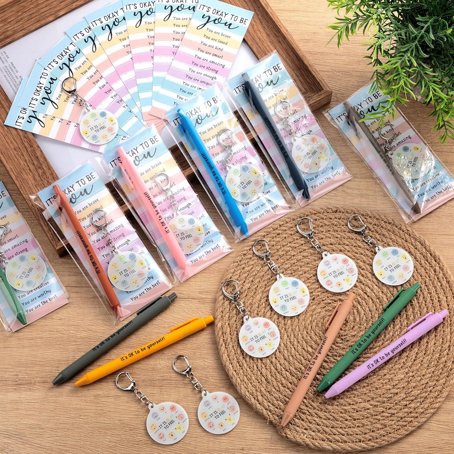 48 Pcs 16 Sets Mental Health Gift Bulk Pastel Inspirational Pens Motivational Funny Emotion Keychains with Positive Cards Employee Appreciation Gifts for Office Staff Coworker Teachers Students