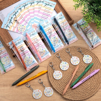 48 Pcs 16 Sets Mental Health Gift Bulk Pastel Inspirational Pens Motivational Funny Emotion Keychains with Positive Cards Employee Appreciation Gifts for Office Staff Coworker Teachers Students