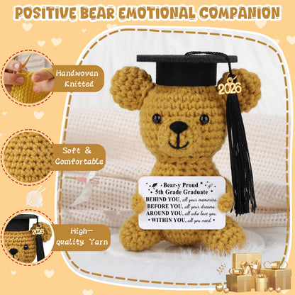 JoycuFF 5th Grade Graduation Gifts, Mini Positive Crochet Bear, 5th Grade Gifts for Students Granddaughter Daughter Best Friends, Handmade Emotional Support Animals Grad Gifts