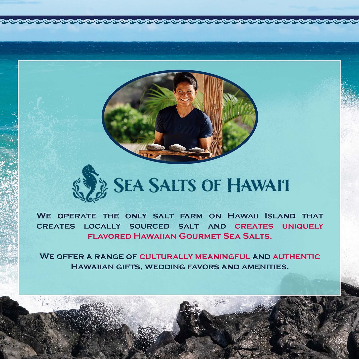 Three Tin Gift Box of Hawaiian Sea Salts, Alaea Red, Kona White and Uahi Black Salts