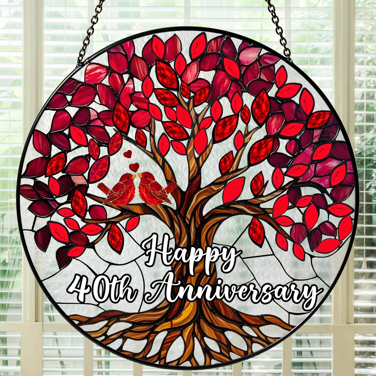 40th Wedding Anniversary Stained Glass Suncatcher, Ruby Anniversary Wedding Gifts, 6x6' Window Hanging for Couple, Wife, Husband, Parents – Unique 40th Anniversary Decorations Gifts