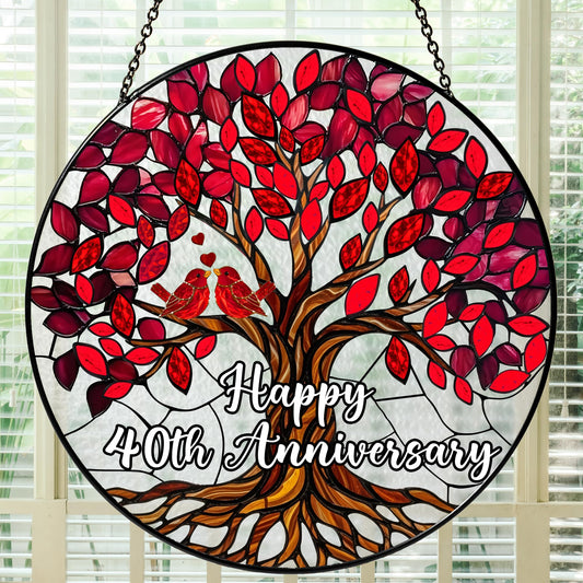 40th Wedding Anniversary Stained Glass Suncatcher, Ruby Anniversary Wedding Gifts, 6x6' Window Hanging for Couple, Wife, Husband, Parents – Unique 40th Anniversary Decorations Gifts