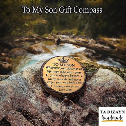 to My Son Compass with Wooden Box-Mom to Son Compass–Father to Son Gifts- to My Grandson -Graduation Day Gifts for Son-Birthday, Baptism, Graduation, Confirmation, Communion Compass for Women Men