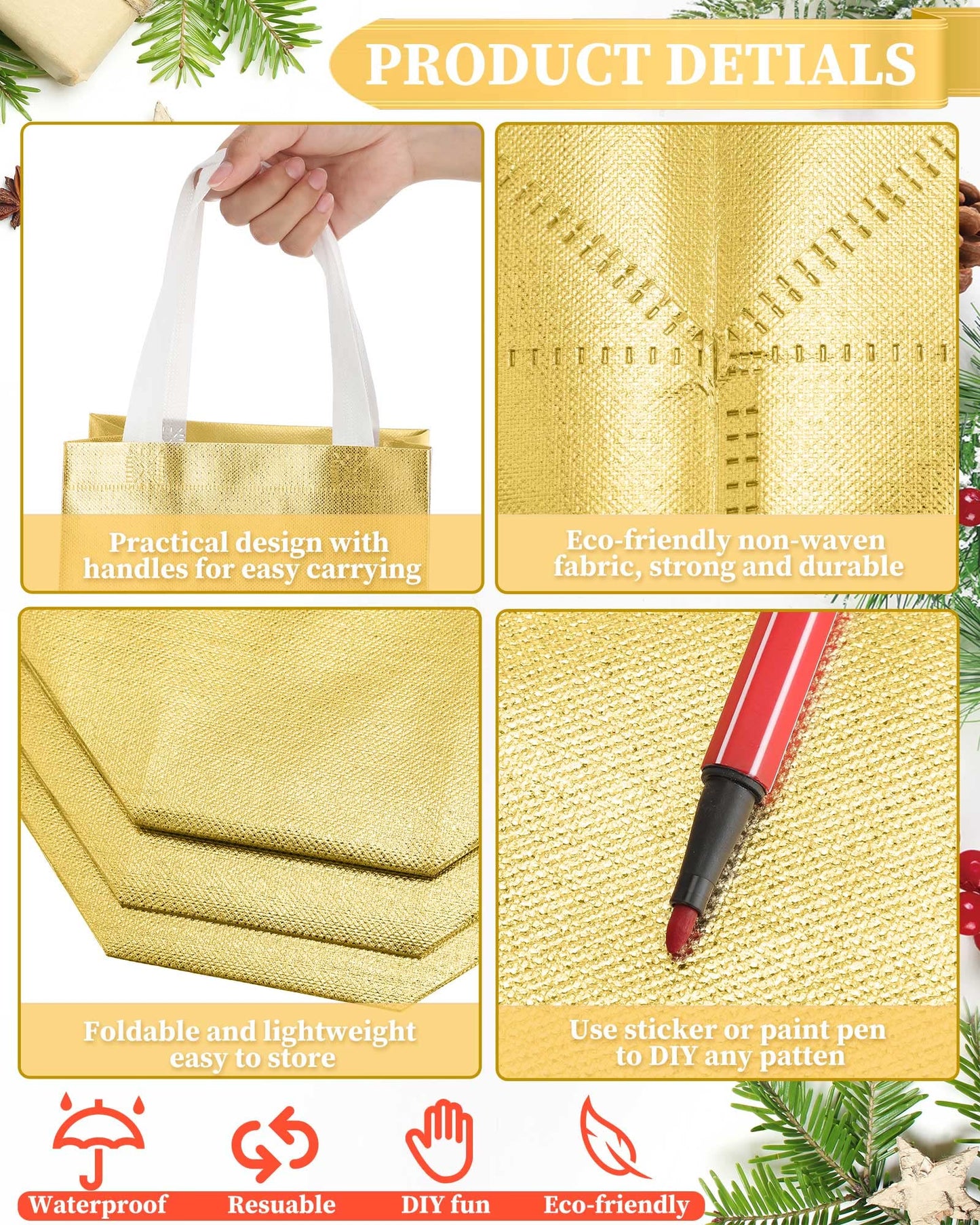 Eccliy 80 Pcs Reusable Gift Bags Set Glossy Grocery Gift Tote Bag with Hadnle for Wedding, Father's Day, Graduation, Summer Event (10 x 8 x 4.7 Inch,Gold)