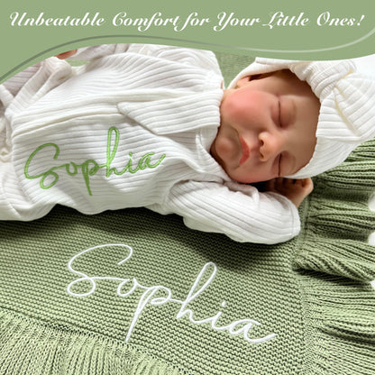 Knit – 30x40in Personalized Baby Blanket for Newborn Girl and Boy – Custom Blanket with Name Embroidery – Soft Knitted Baby Blanket – Custom Baby Gifts for Baby Shower (Sage)