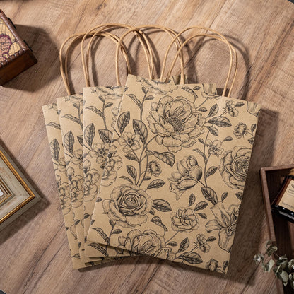 WRAPAHOLIC Medium Floral Kraft Paper Gift Bags - Black Florals Design for Birthday, Baby Shower, Holiday, Party Gift Wrap (Pack of 12)