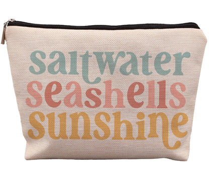 Beach Makeup Bag,Sunscreen Summer Travel Makeup Pouch,Saltwater Seashells Sunshine Travel Cosmetic Zipper Bags for Women,Beach Gifts for Women