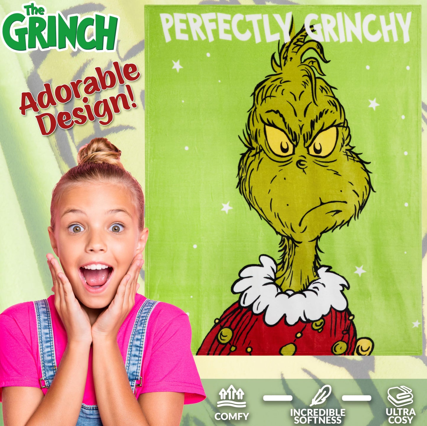 The Grinch Throw Blanket, Soft & Warm Fleece Christmas Blanket, Warm Lightweight & Fluffy Throw, Cozy Bedroom Accessories, Secret Santa Xmas Gifts (Green)