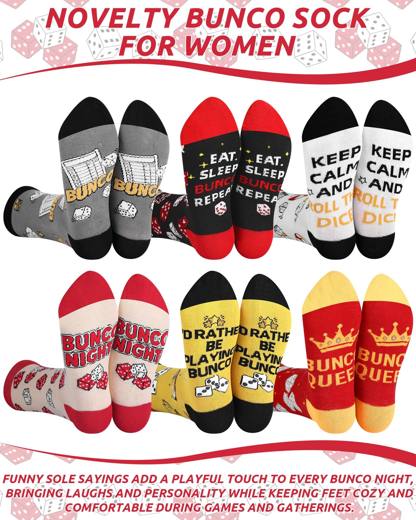 Glitopper 6 Pairs Funny Bunco Socks for Women Novelty Bunco Gifts Dice Crew Socks for Players Mom Friends Dice Game Night Party Gifts
