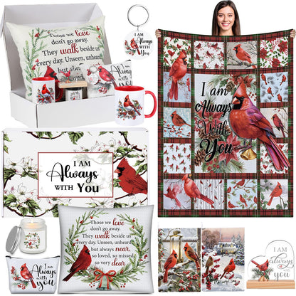 Buryeah 10 Pcs Cardinal Gift Set Sympathy Memorial Bird Present Box Include 60'' x 50'' Blanket Pillowcase Mug Makeup Bag Candle Keychain Decorative Stand Gift for Mother