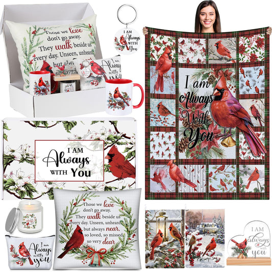 Buryeah 10 Pcs Cardinal Gift Set Sympathy Memorial Bird Present Box Include 60'' x 50'' Blanket Pillowcase Mug Makeup Bag Candle Keychain Decorative Stand Gift for Mother