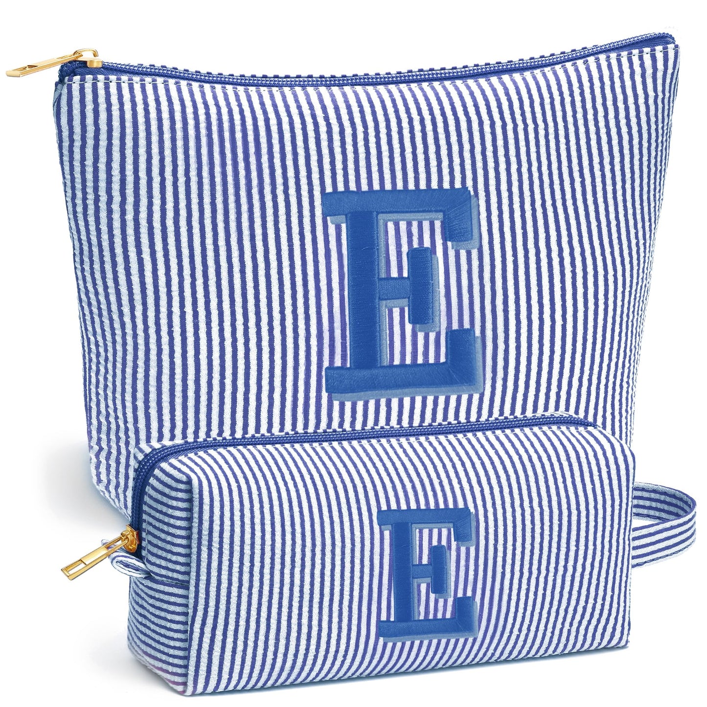 Initial Makeup Bag Set - Cute Blue Stuff for Women, Personalized Makeup Pouch Cosmetic Bag, Travel Essentials Toiletry Bag, Birthday Christmas Gifts for Women Stocking Stuffers, Blue Letter E