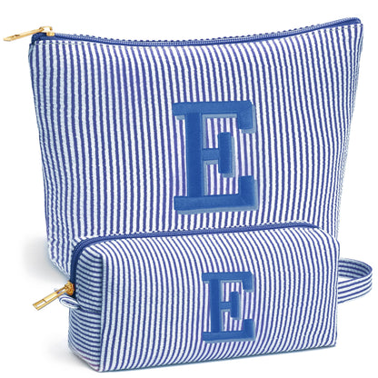 Initial Makeup Bag Set - Cute Blue Stuff for Women, Personalized Makeup Pouch Cosmetic Bag, Travel Essentials Toiletry Bag, Birthday Christmas Gifts for Women Stocking Stuffers, Blue Letter E