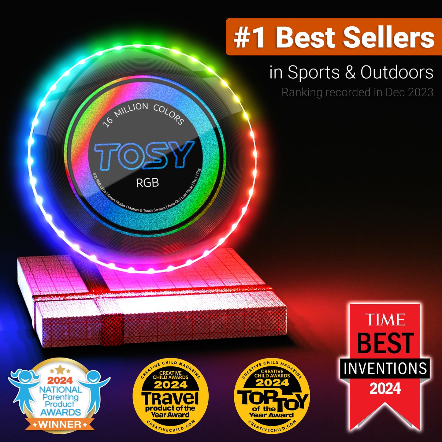 TOSY Flying Disc - 108 RGB Multicolor or 36 Monocolor LEDs, Super Bright, Smart Modes, Easter Basket Stuffers Gift, Camping Toy for Kid/Teen/Adult, Auto Light Up, Rechargeable, Waterproof, 175g