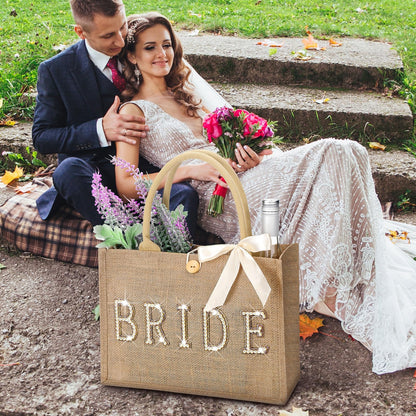 Silkfly Wedding Bride Tote Bag Bridal Shower Gift Beach Jute Tote Bag with Ribbon for Bachelorette Party Favors Supplies(Gold Edges,Bride)