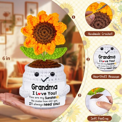 Qunland Mothers Day Birthday Gifts for Grandma, Grandma Gifts from Grandkids, Mother's Day Birthday Gift for Nana Grandmother GaGa, Handmade Crochet Mini Sunflower Pot Doll I Love You for Gigi