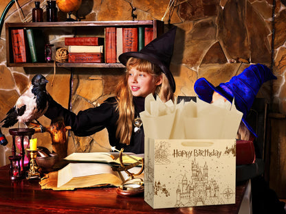 Ranfashiong 13" Brown Magic Wizard Gift Bag with Tissue Paper, Vintage Design Kraft Ancient Castle Princess Birthday Party Favor for Baby Shower, Girl, Boys Wrapping